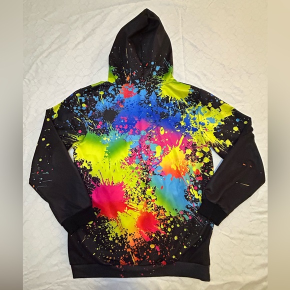 Black hoodie with multi-color splat lightweight. - Picture 2 of 3